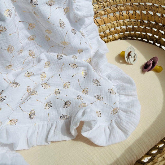 2 layer Muslin baby blanket with ruffles -  Golden collection -  Dandelion on white
