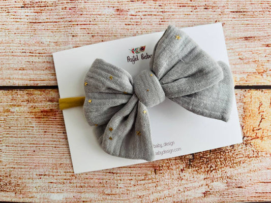 Large cotton headband bow - Golden collection - dots on light grey