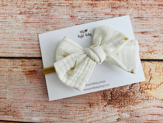 Large cotton headband bow - Golden collection - dandelions on off white