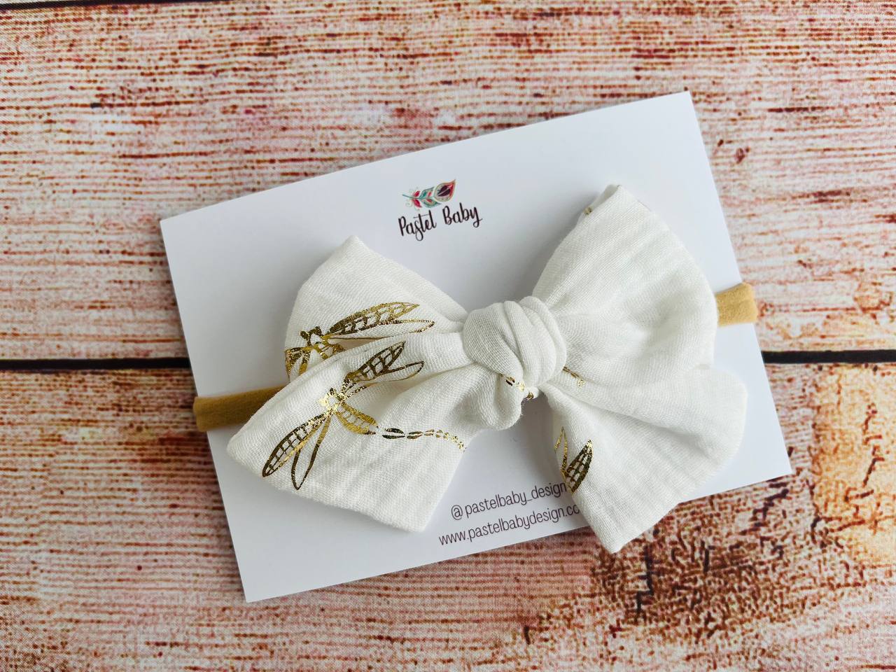 Large cotton headband bow - Golden collection - Dragonflies on off white
