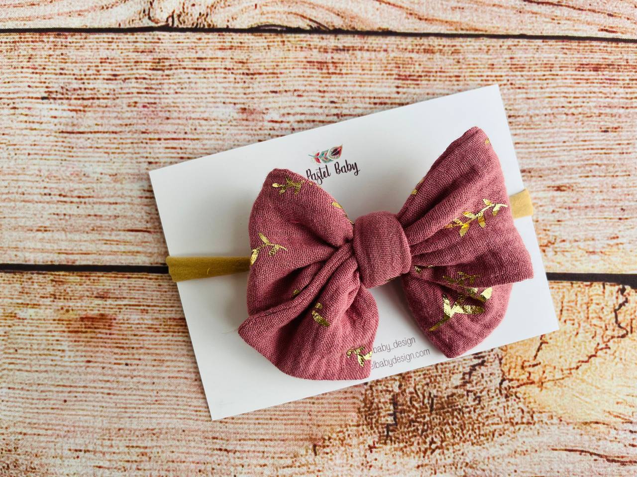 Large cotton headband bow - Golden collection - Twigs on pink