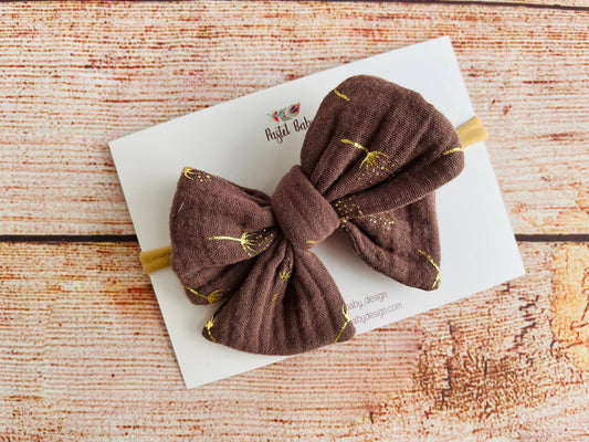 Large cotton headband bow - Golden collection - Dandelions on brown