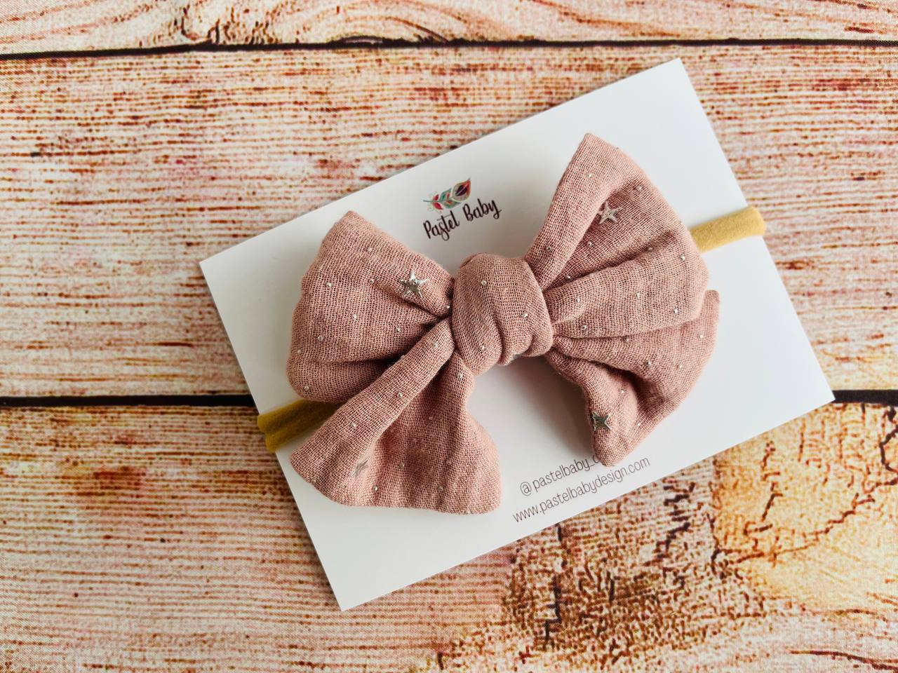 Large cotton headband bow - Golden collection - silver stars on dusty pink