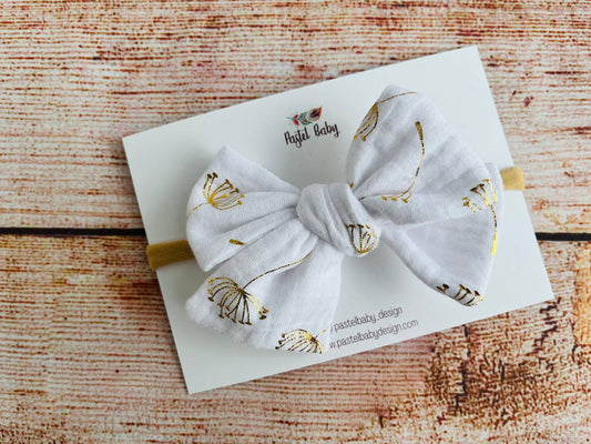 Large cotton headband bow - Golden collection - Dandelions on white