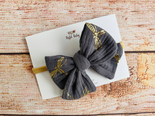 Large cotton headband bow - Golden collection - Dragonflies on gray