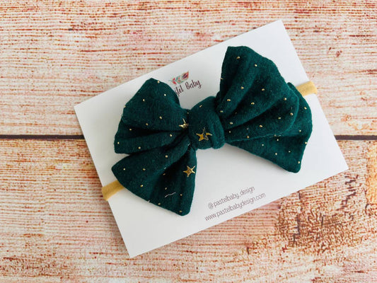 Large cotton headband bow - Golden collection - Stars on dark green