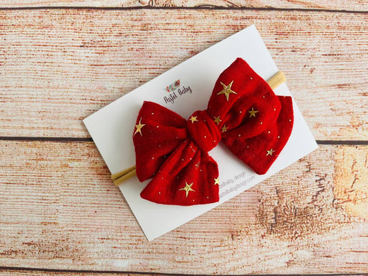 Large cotton headband bow - Golden collection - Stars on red