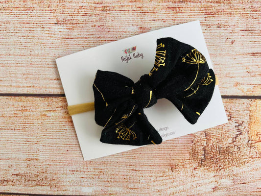Large cotton headband bow - Golden collection - dandelions on black
