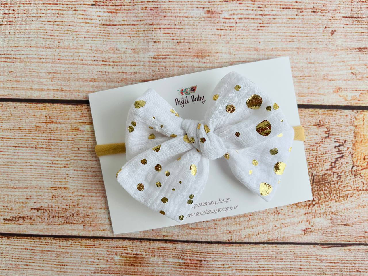 Large cotton headband bow - Golden collection - circles on white