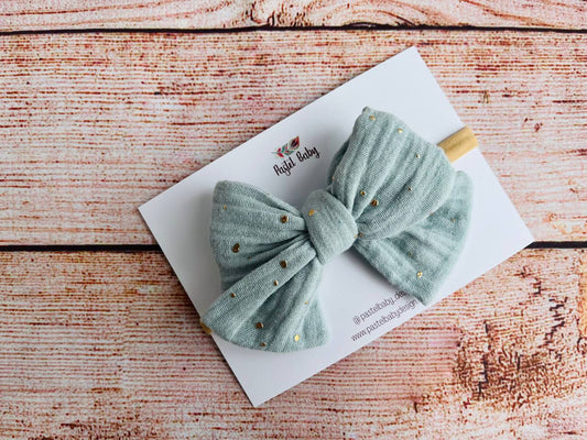 Large cotton headband bow - Golden collection - Dots on mint