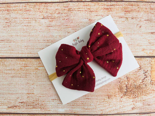 Large cotton headband bow - Golden collection - Dots on Wine red
