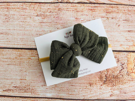 Large cotton headband bow - Golden collection - Dots on Moss green
