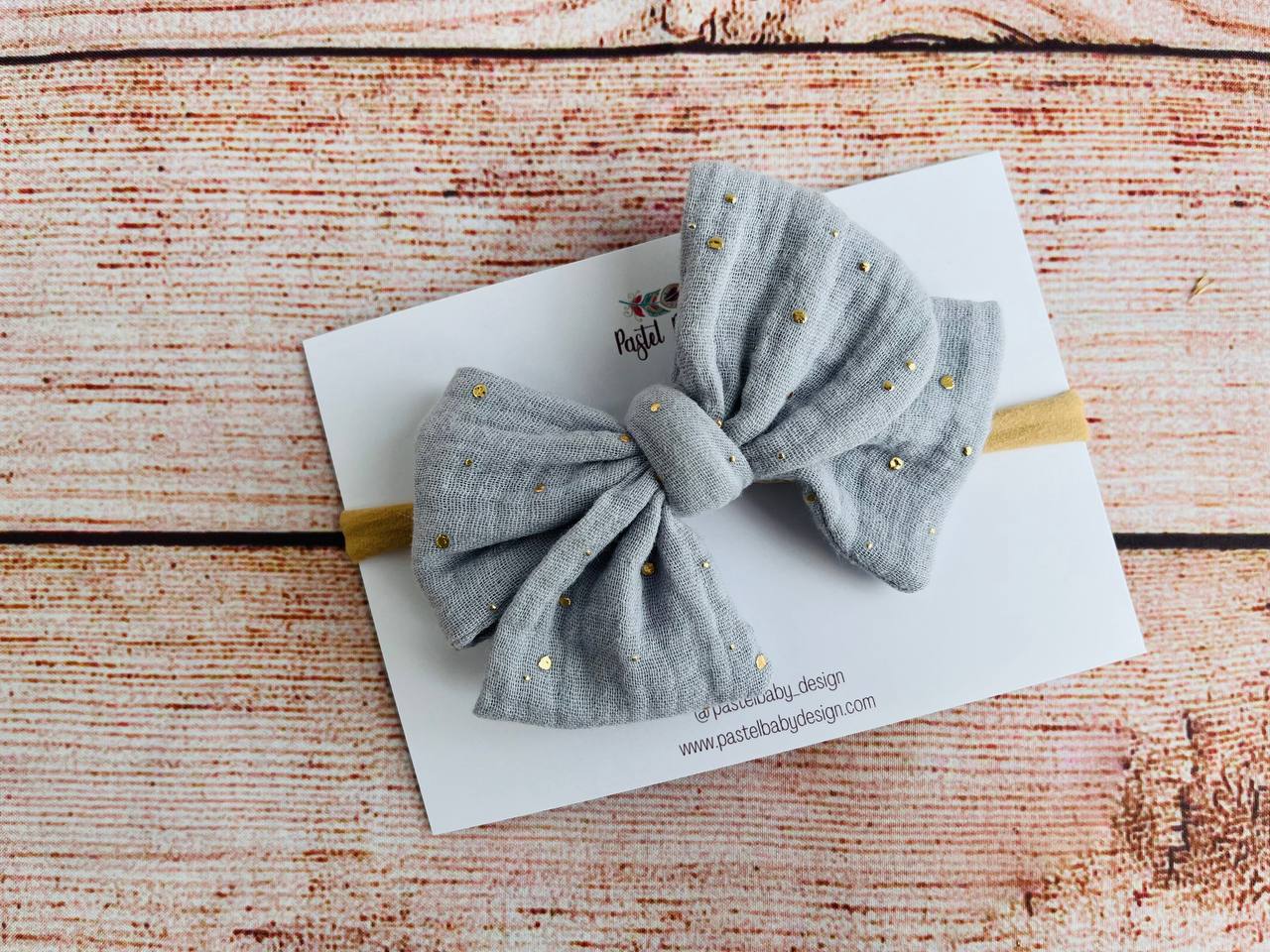 Large cotton headband bow - Golden collection -Dots on light grey