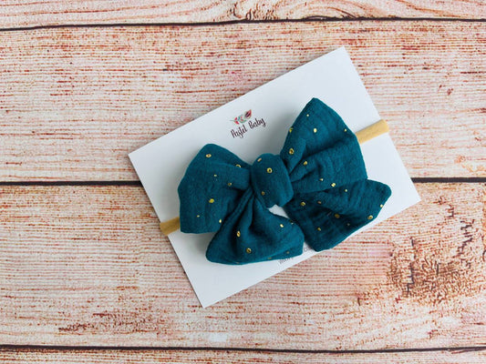Large cotton headband bow - Golden collection -  Dots on petrol