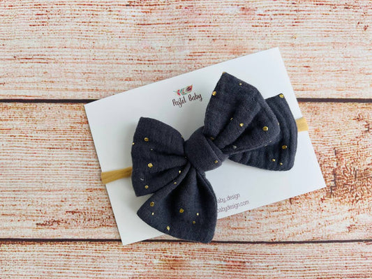 Large cotton headband bow - Golden collection - Dots on dark grey