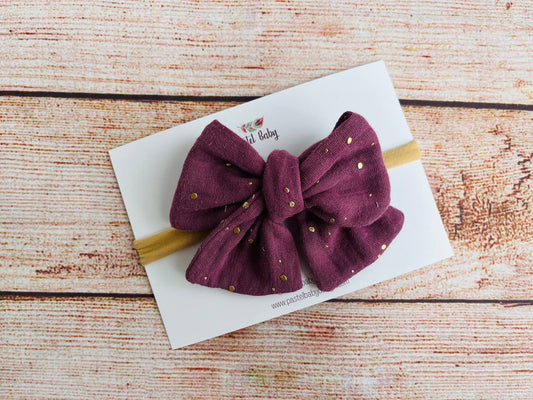 Large cotton headband bow - Golden collection - Purple dots