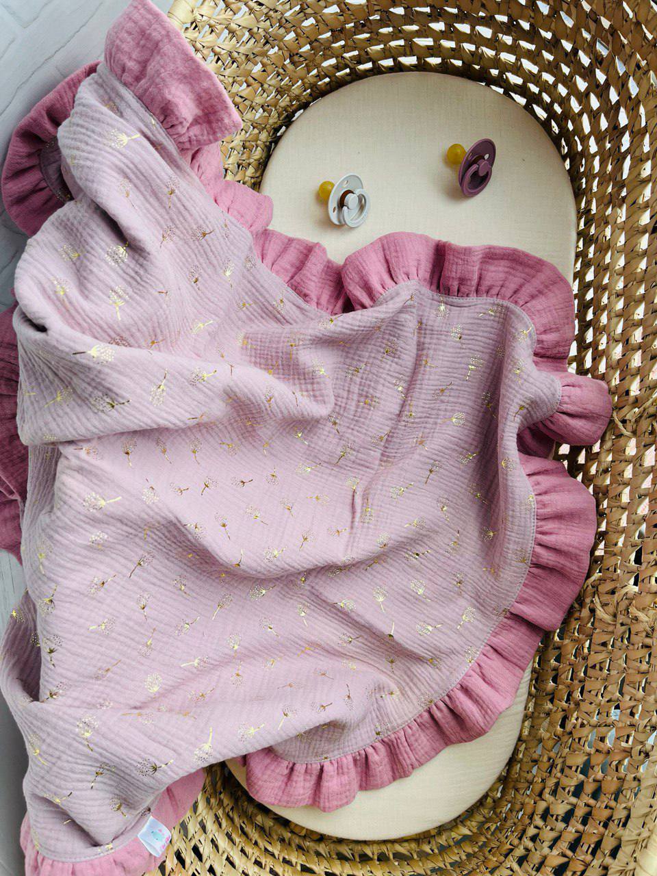 2 layer Muslin baby blanket with ruffles -  Golden collection -  Dandelion on dusty pink