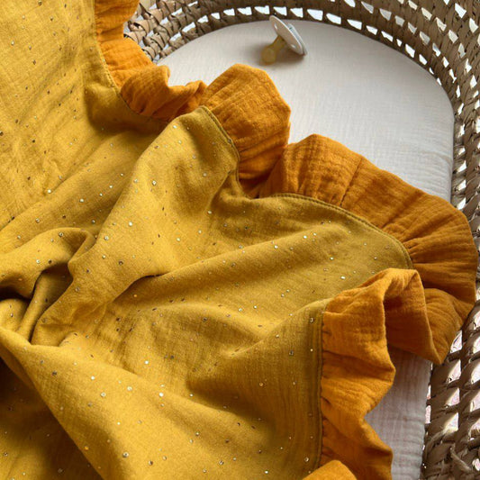 2 layer Muslin baby blanket with ruffles -  Golden collection -  Dots on mustard