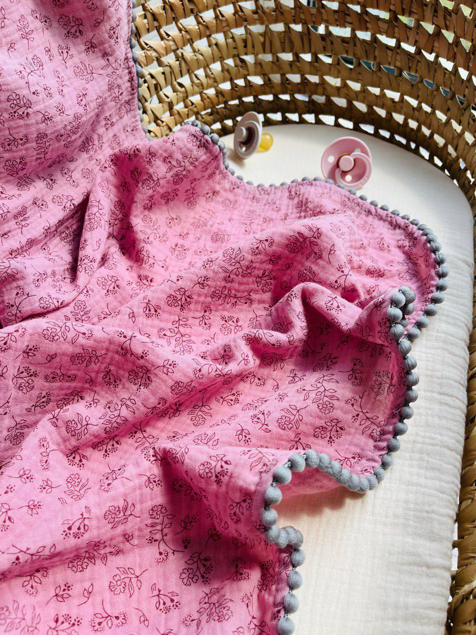 Organic Cotton muslin Pom Pom swaddle blanket - Pink roses