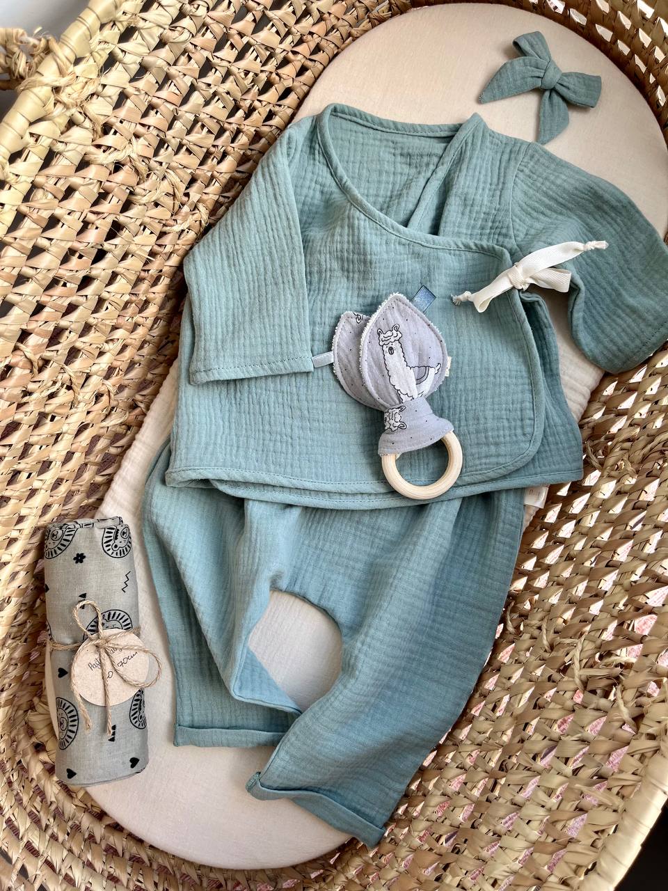 Muslin baby outfit - harem pants and wrap blouse set - Sage