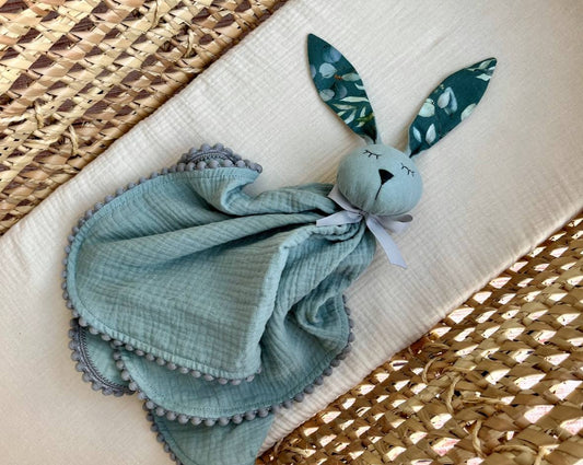 sage green muslin baby comforter bunny
