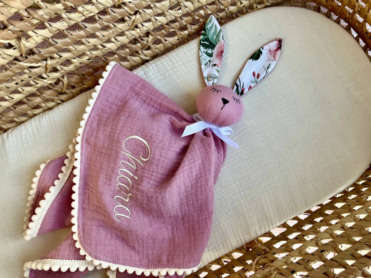 Muslin Baby comforter, Bunny baby lovey in natural, Personalized new baby gift