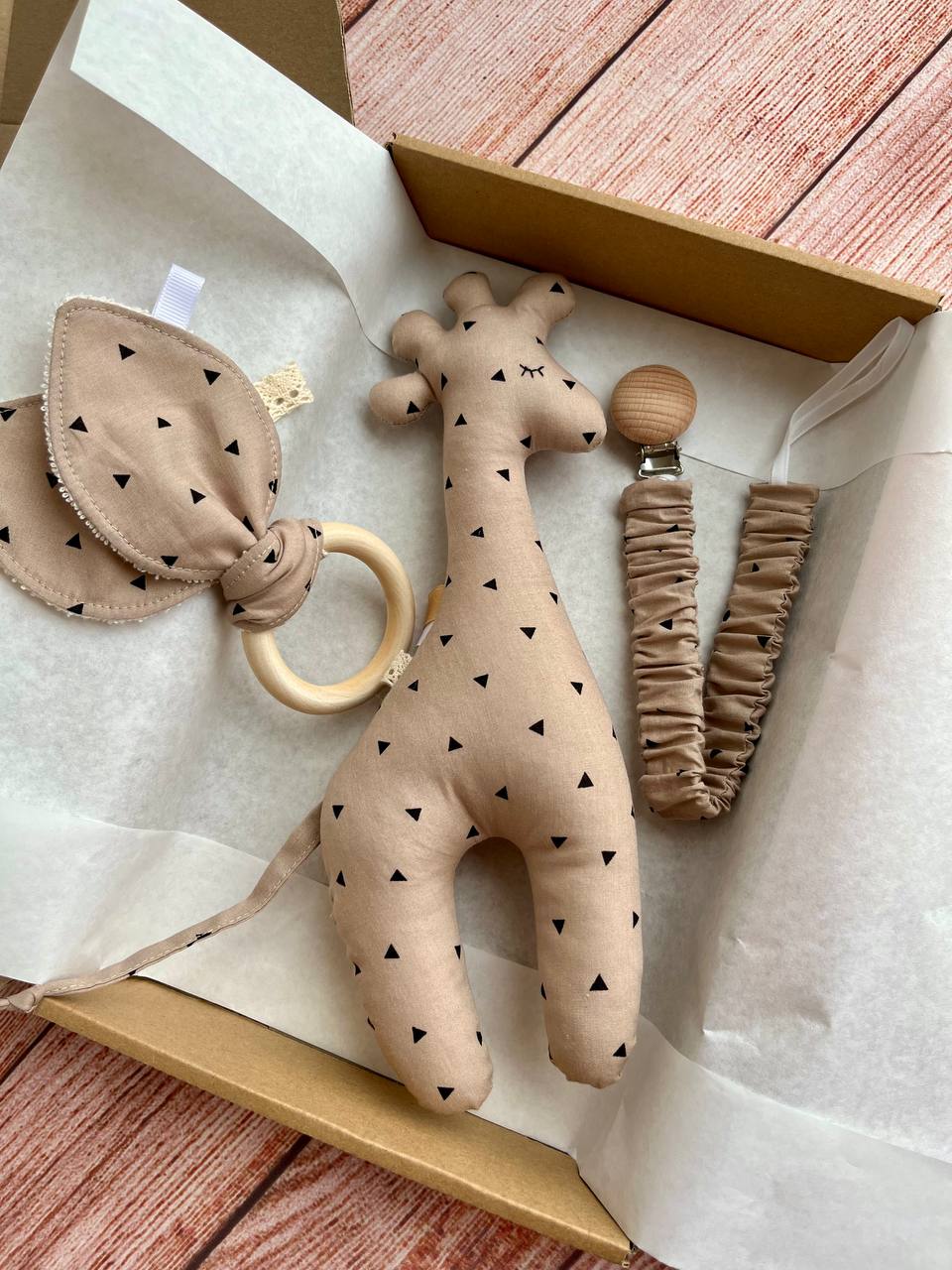 Soft Giraffe toy, Bunny ear teether and pacifier holder - perfect baby gift set, Triangles on beige