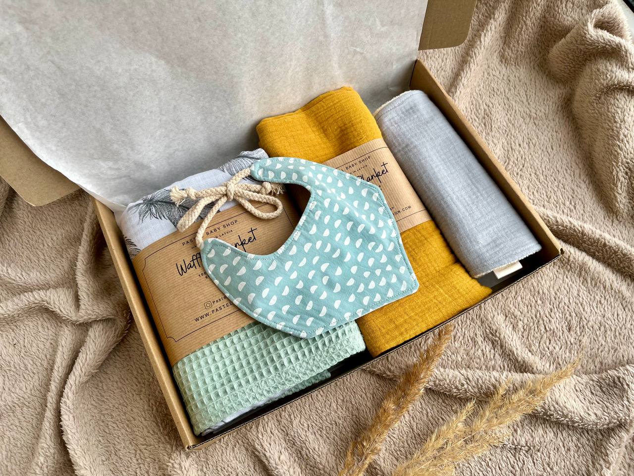 Baby gift set - Muslin Waffle blanket, Swaddle blanket, Reversible baby bib and burp cloth