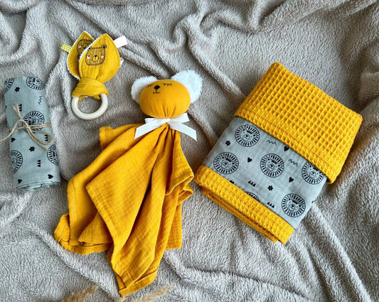new baby boy gift set bear comforter, blanket, bunny ear teether, swaddle blanket