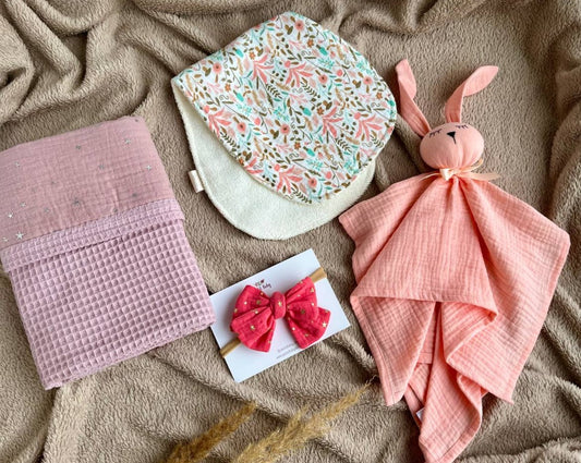 baby gift set pink baby blanket, baby bunny comforter, burp cloth and baby headband bow