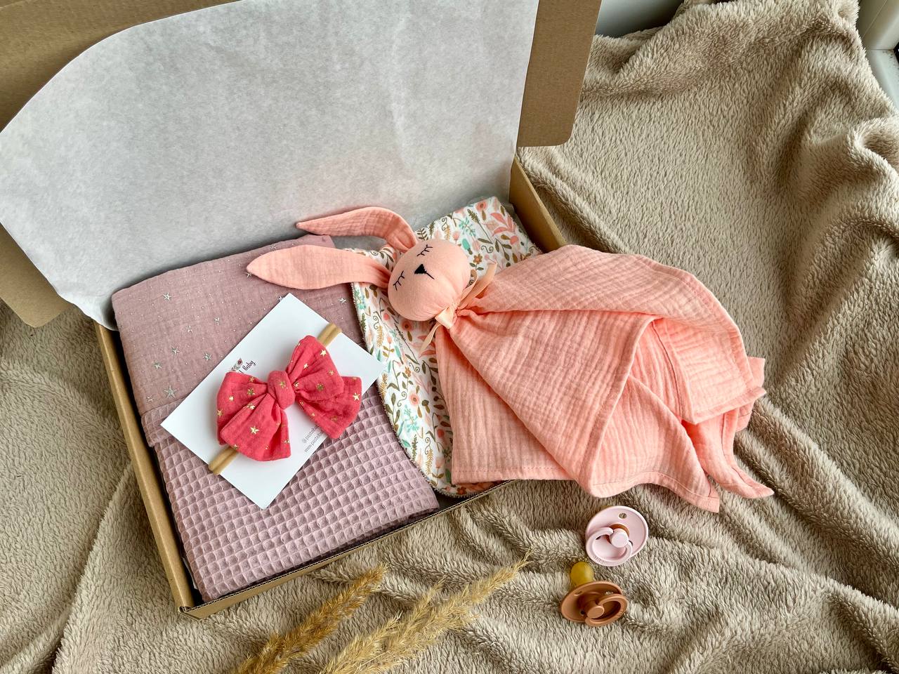 Baby gift set - Muslin baby blanket, Bunny comforter, Headband bow and burp cloth