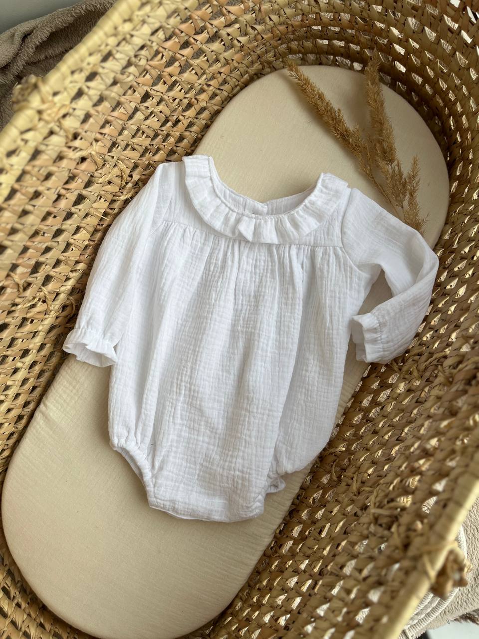 White christening outfit for baby girl, Muslin long sleeve baby romper with ruffles