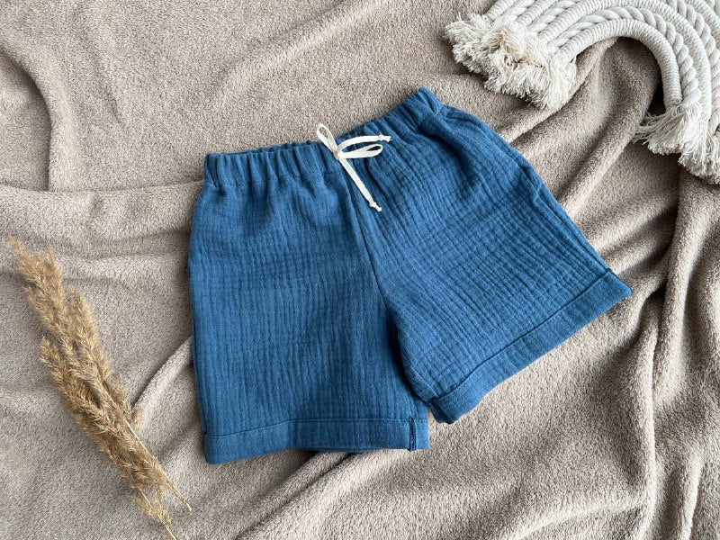 Muslin kids clothing set for boy - Oversize top and shorts - Denim Blue