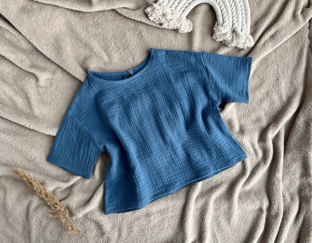 Muslin kids clothing set for boy - Oversize top and shorts - Denim Blue