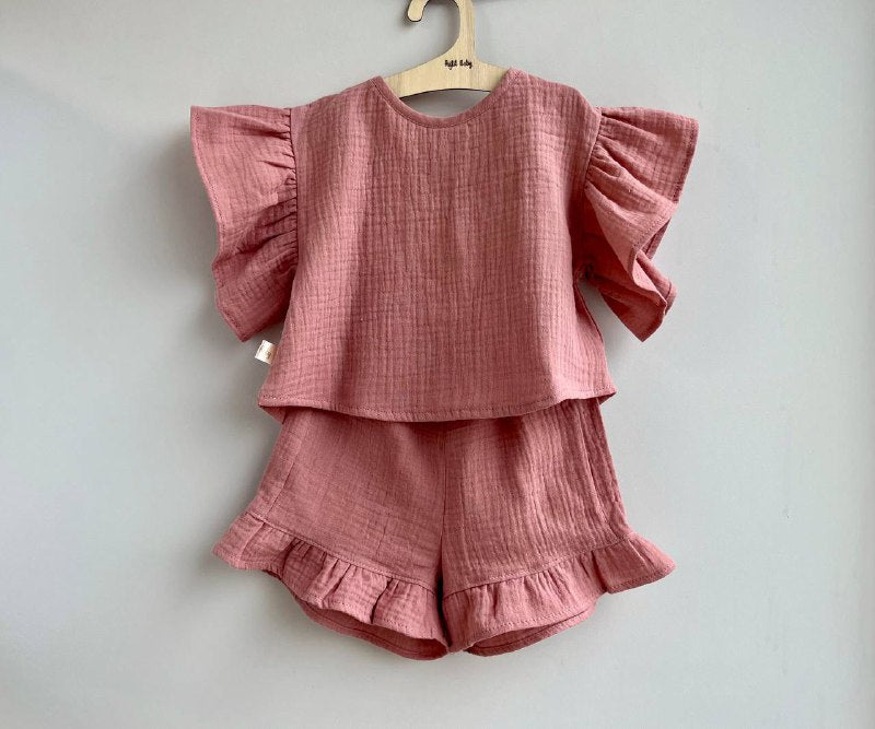 Muslin kids clothing set for girl - Frill top and shorts with ruffles - Old  Pink