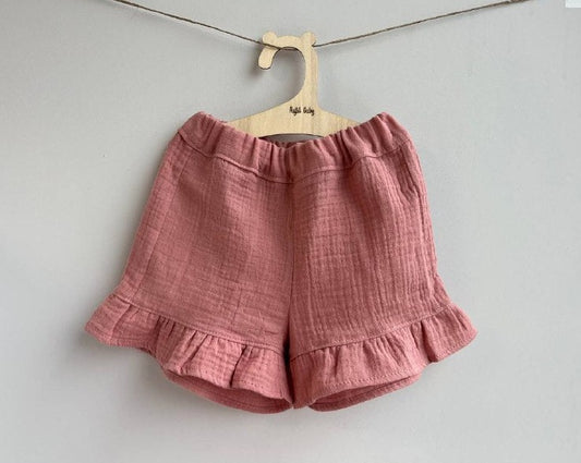 muslin toddler girl ruffle shorts old pink