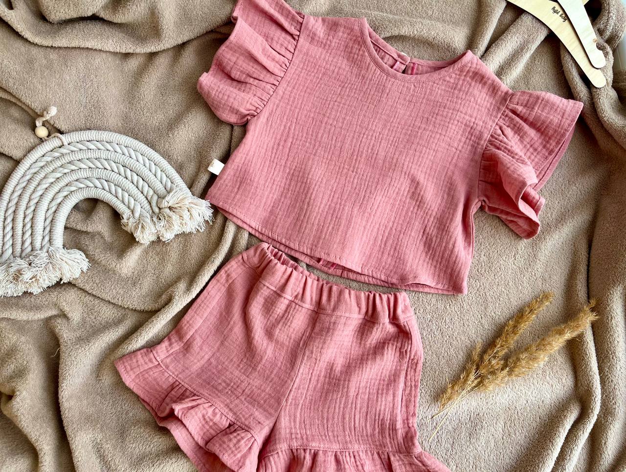 Muslin kids girl ruffle shorts - Old Pink