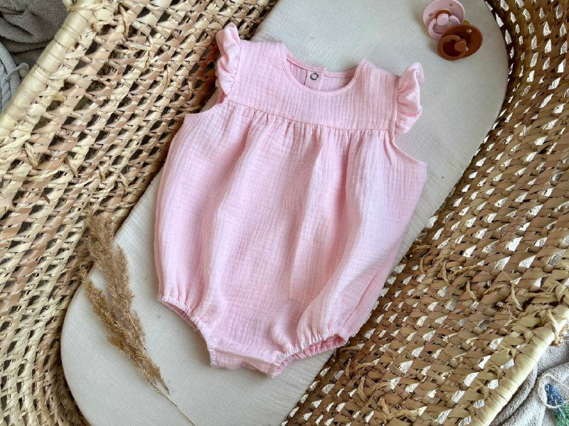 Muslin baby girl romper, sleeveless with ruffle - Light Pink