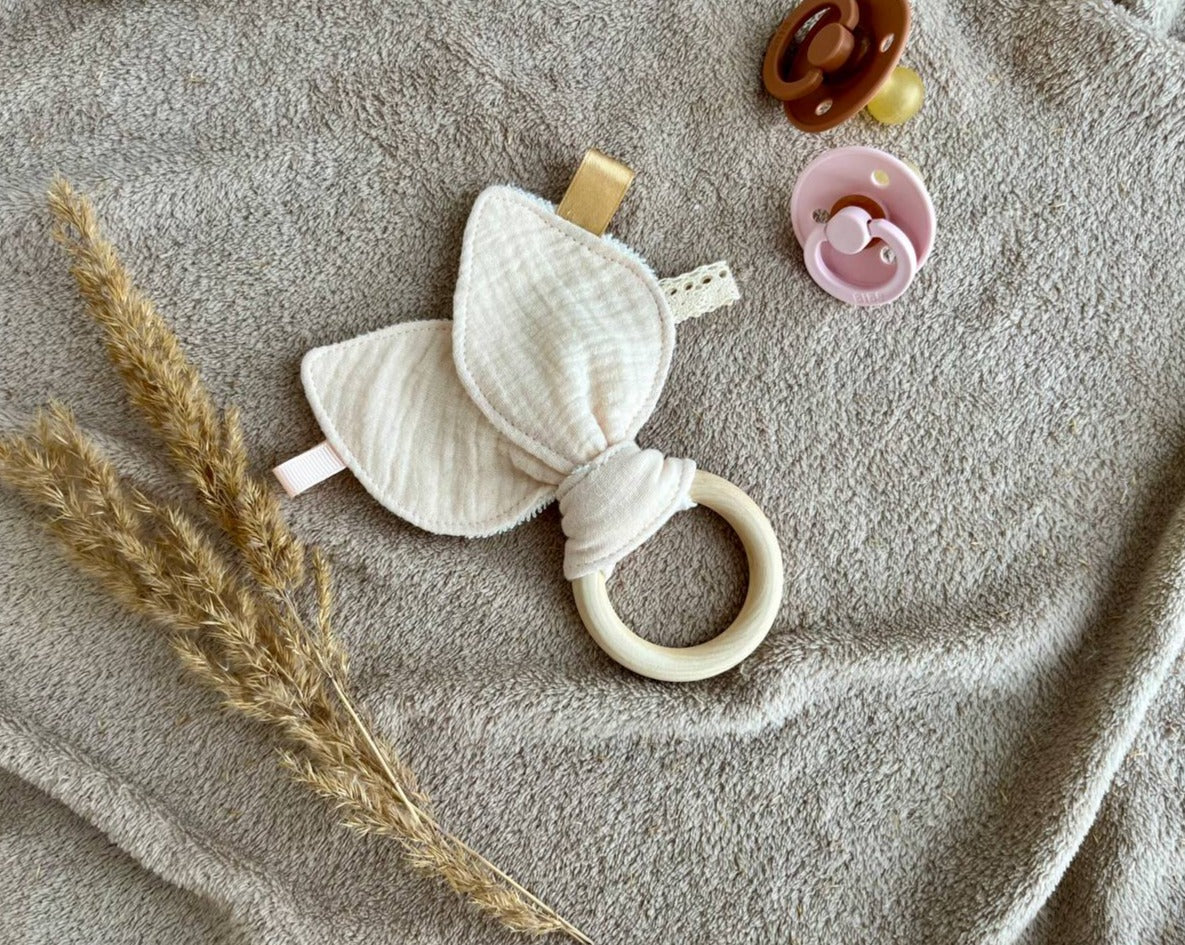 bunny ear baby teething ring natural muslin
