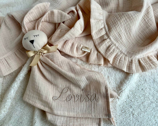 personalized baby gift set ruffle blanket and baby bunny comforter natural