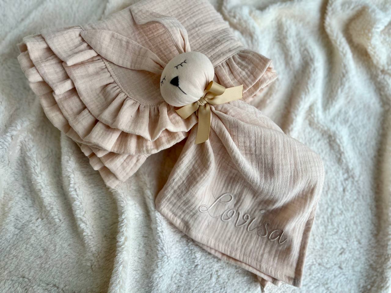 Organic muslin ruffle blanket Bunny comforter - perfect baby gift set, Natural