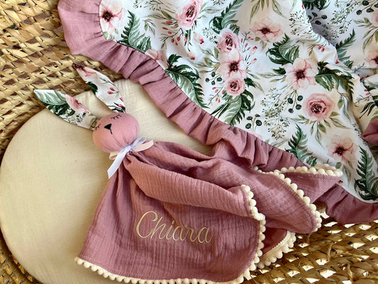 Organic muslin ruffle blanket and Bunny comforter - perfect baby girl gift set