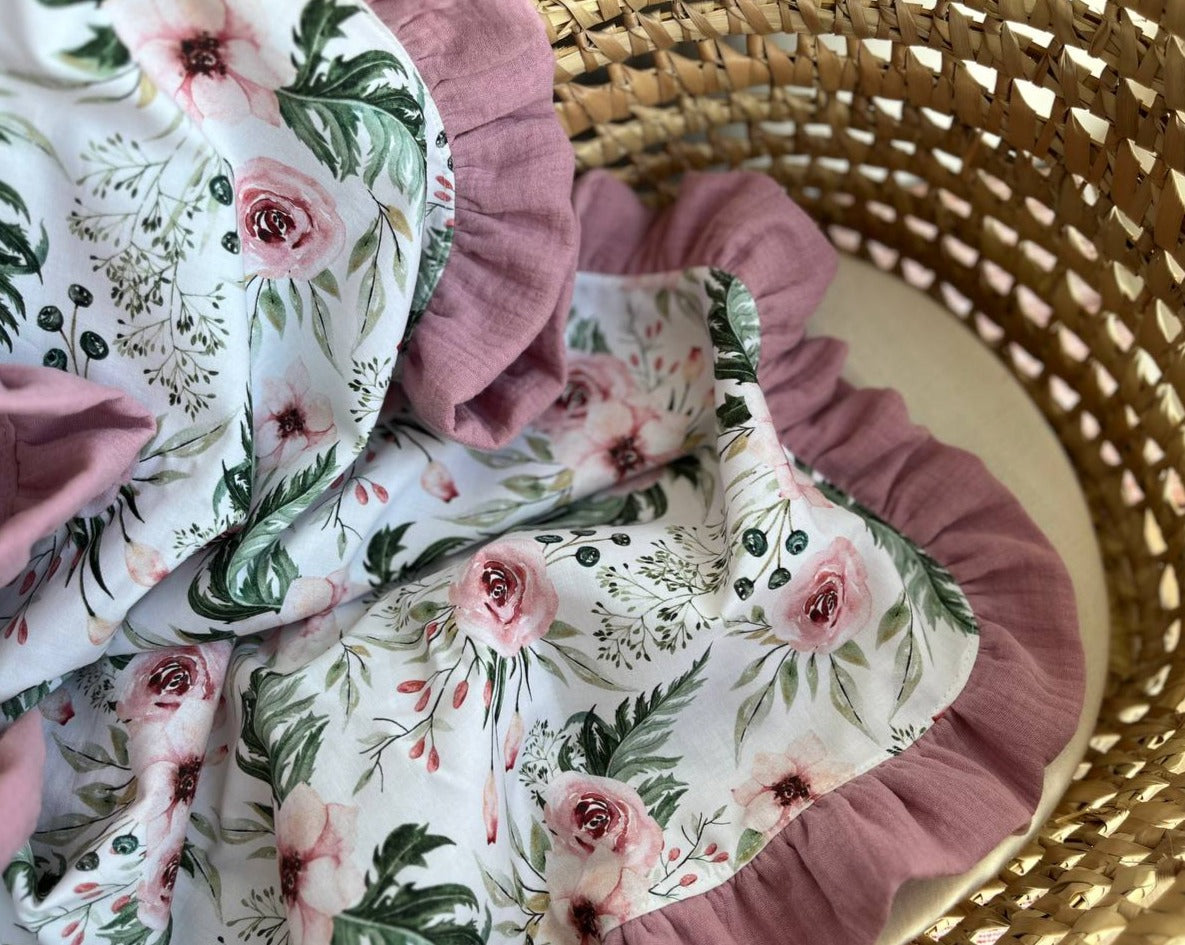 muslin floral baby girl blanket with ruffles