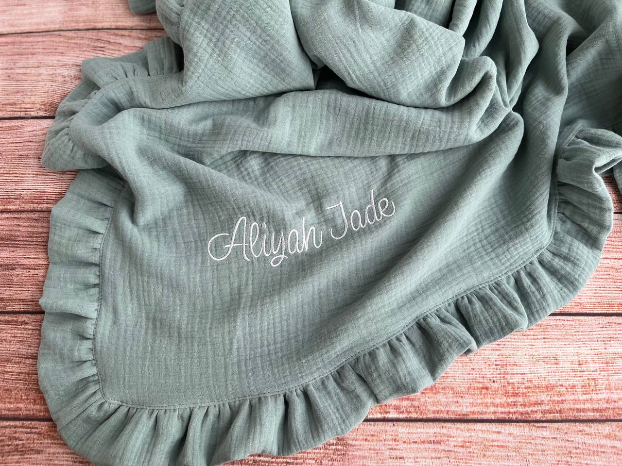 Organic Muslin baby blanket with ruffles - Sage green, Choose your color