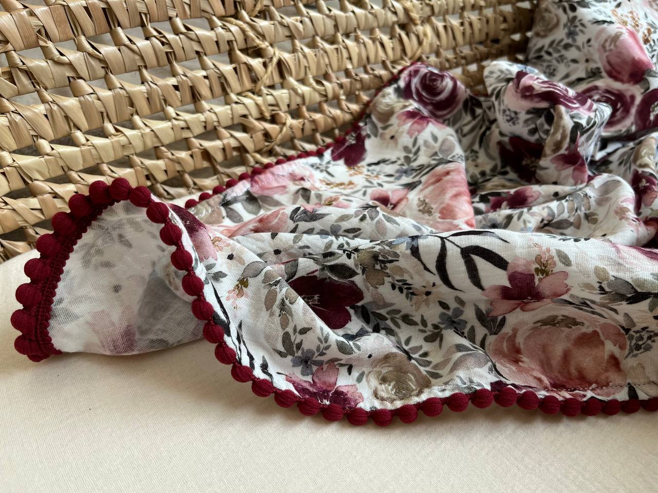 Organic Cotton muslin Pom Pom swaddle blanket - Dark red flowers