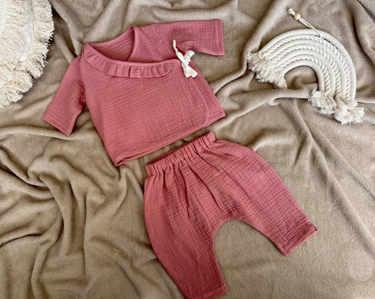 muslin summer baby girl clothing set blouse and pants old pink