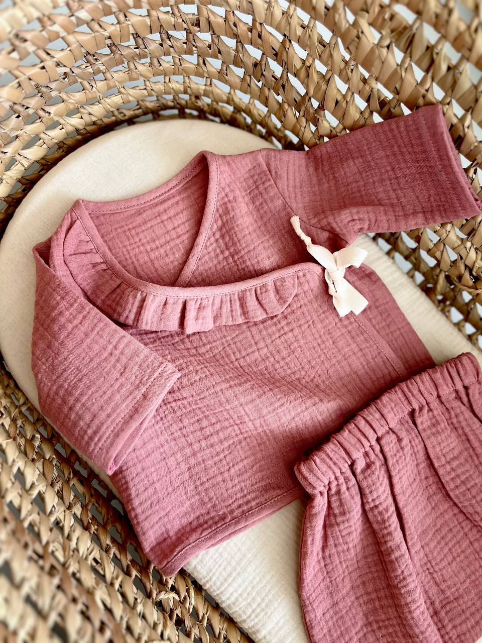 Muslin baby outfit - harem pants and ruffle wrap blouse set - Old pink