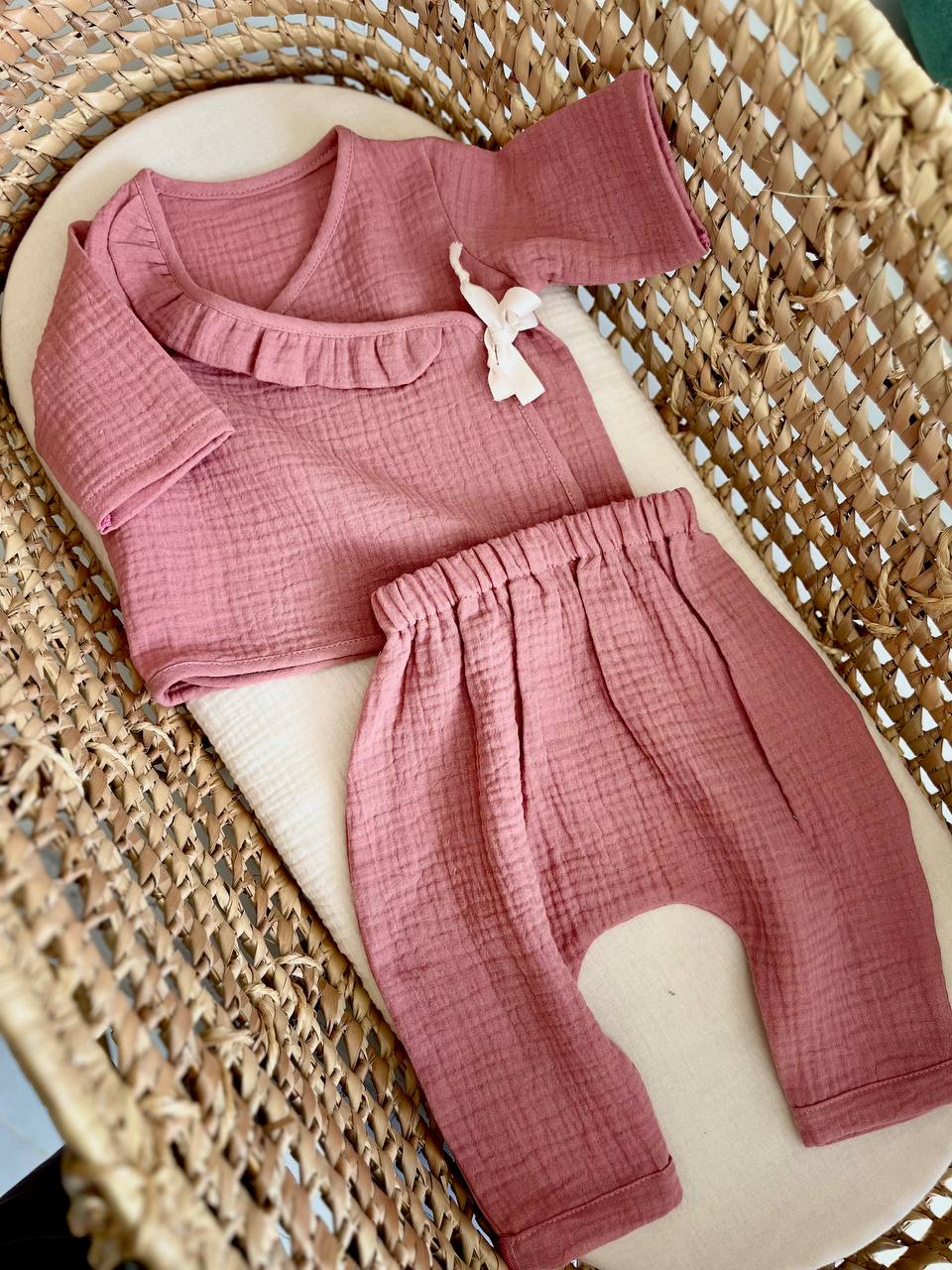 Muslin baby outfit - harem pants and ruffle wrap blouse set - Old pink