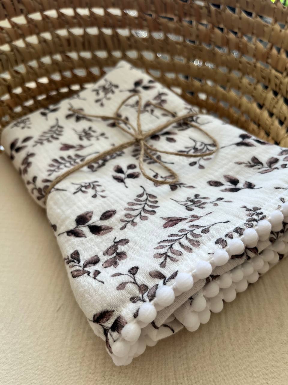 Organic Cotton muslin Pom Pom swaddle blanket - Brown leaves