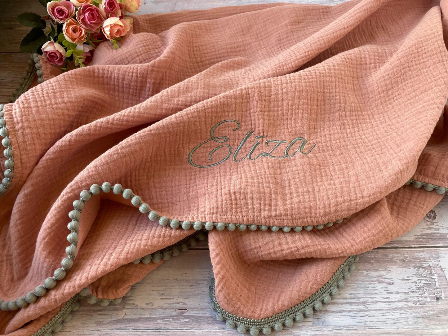 Organic Cotton muslin Pom Pom swaddle blanket - Bright lavender